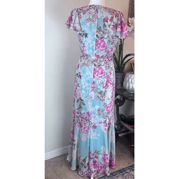 Eliza J Cascading Ruffled Floral Maxi Dress Faux Wrap Flutter Sleeve A-Line 10 - Picture 4 of 13